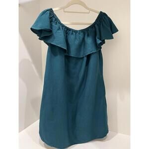 Tommy Bahama St. Lucia Linen Blend Off Shoulder Dress S/P Blue Green Pockets